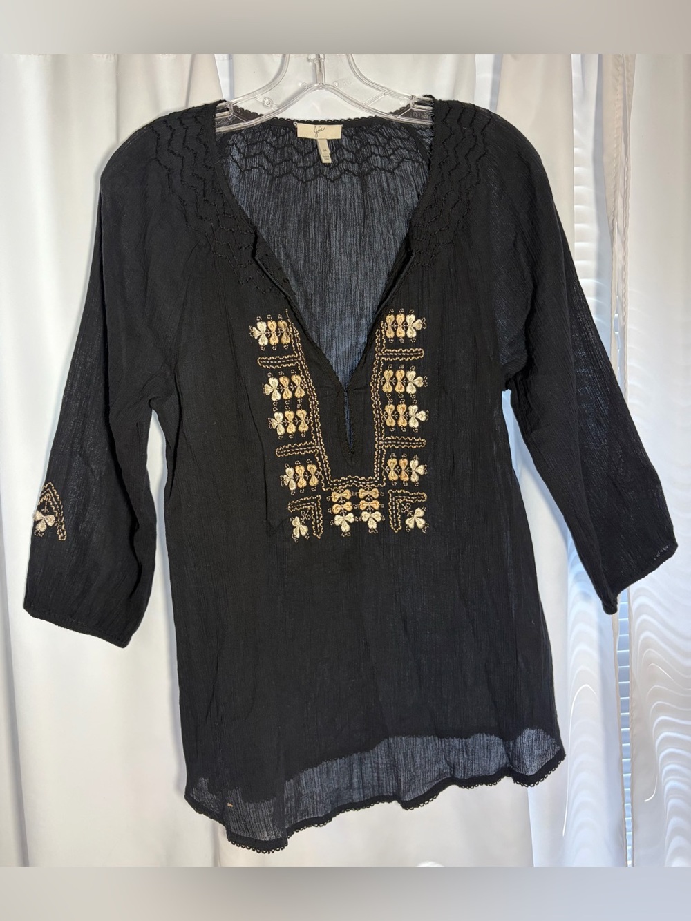 JOIE Black Cotton 3/4 Sleeve Embroidered Tunic Top size M